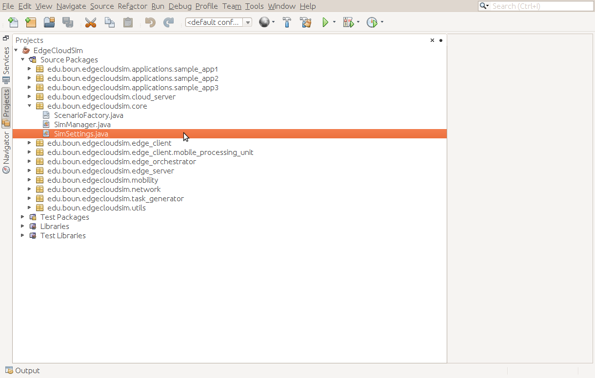 open SimSettings.java file from “edu.boun.edgecloudsim.core” folder