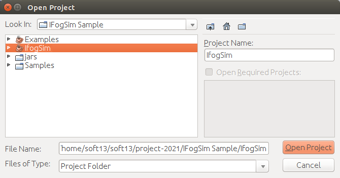 Select the IFogsim file , Click open project button