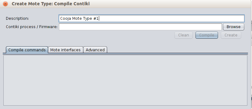 go to mote option select add motes and give create new mote type and select cooja mote