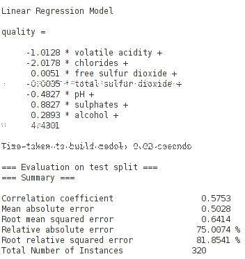 Find wine quality from a data set using linear regression in weka