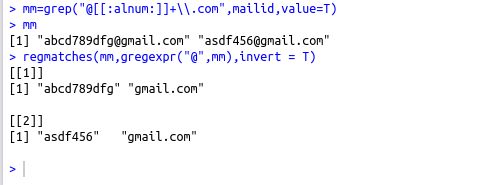 find email id and split the domain name from a given list using regular expression in R